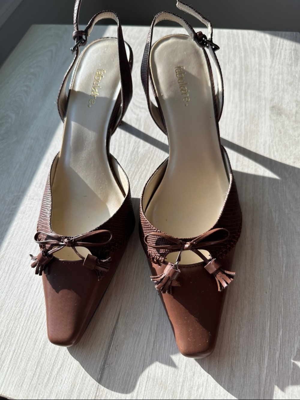 Y2K Brown Pointed Toe Slingback Heels with Tassel Bow